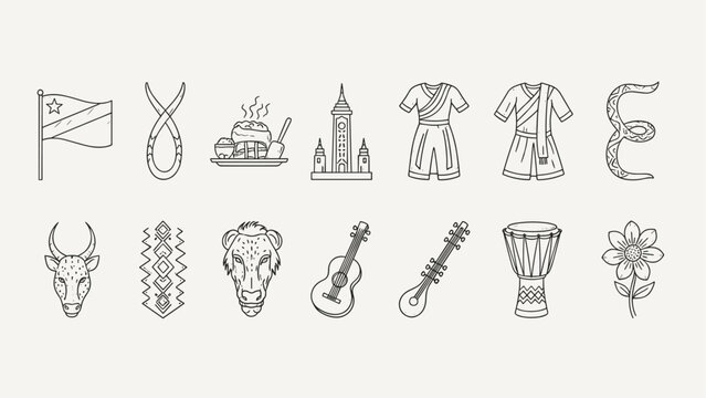 Collection of African cultural symbols and elements in a simple line art style