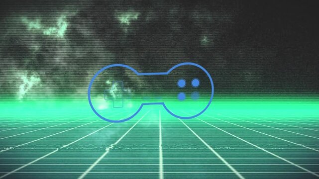 Video game controller moves on grid with glowing line and yellow clouds.