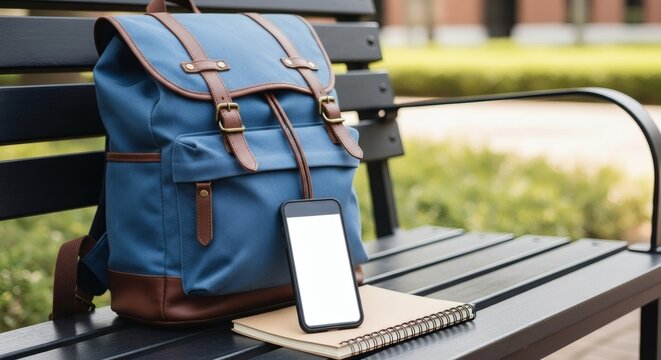Back to School Backpack  Phone on Park Bench with Ready for Adventure.