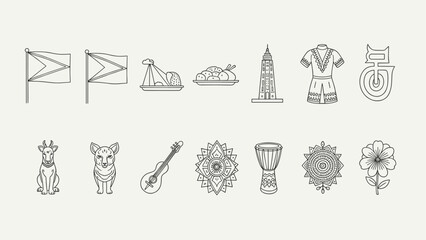 Collection of Guyana national symbols and cultural icons in a simple line art style