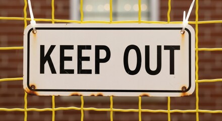 Keep Out Sign  Caution Behind Yellow Fence near a Brick Building.