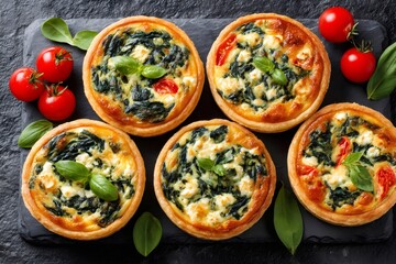 Mini spinach feta tomato quiches on a slate board
