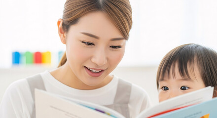 Warm interaction between a mother and child, reading a book together with smiles and focused attention in a bright indoor setting.