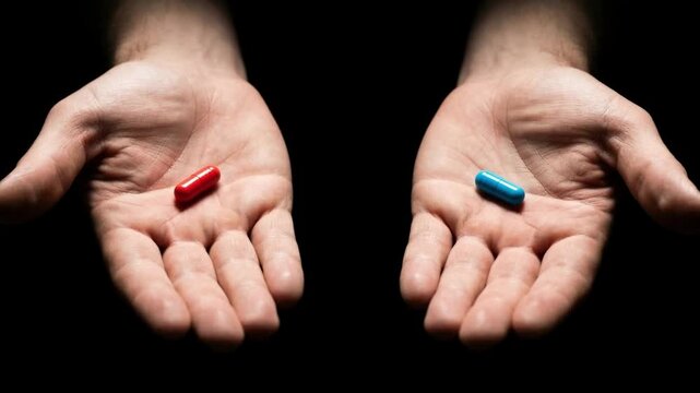 A man's hands offering the iconic choice between a red pill and a blue pill. A difficult decision between truth and illusion.