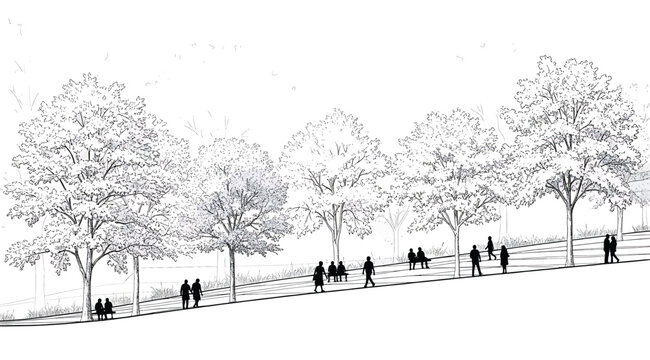 Vector illustration of park landscape with row of leafy trees along sloping path showing people walking and sitting beneath foliage for landscape architecture, urban planning, environmental design, pu