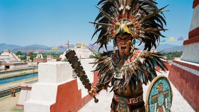 Aztec eagle warrior shouting in a reconstructed ancient city. Fierce indigenous soldier holding a macuahuitl and shield on a pyramid platform. Mesoamerican history and culture concept