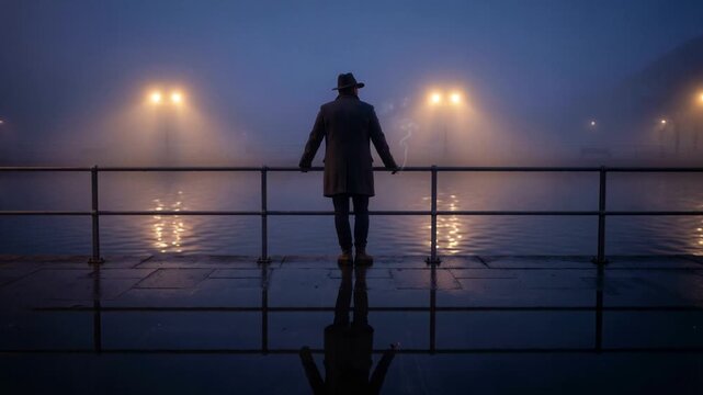 A mysterious man in a coat and hat smokes on a foggy night by the water. A lonely figure stands on a wet pier with his reflection. Cinematic film noir concept of solitude and mystery