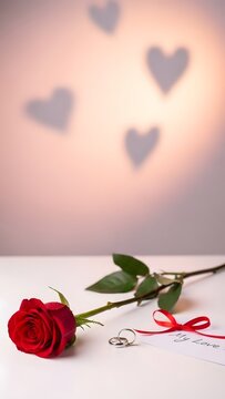 A single red rose, wedding rings, and a small love note lie near heart shadows on a pale surface for romance.