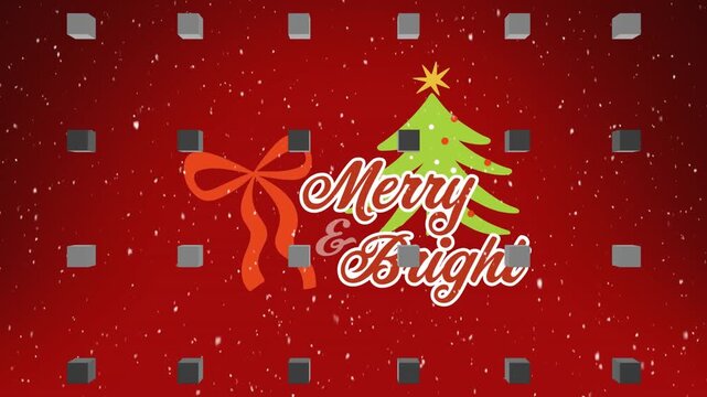 Animation of christmas greetings text and christmas tree with rows of cubes on red background