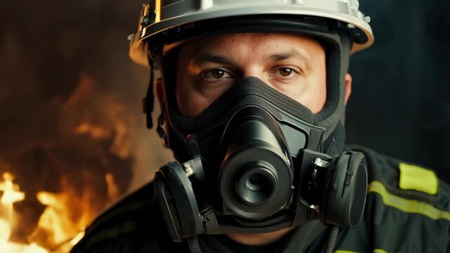Firefighter in a protective mask and helmet during his work. A raging flame behind him. Helmeted firefighter confronts blaze with focus and protection.
