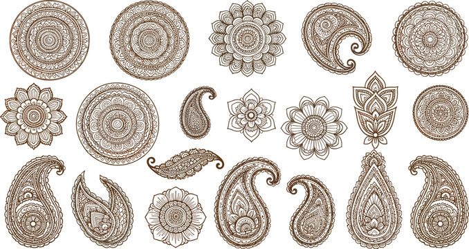Decorative paisley and mandala floral vector elements set in ethnic boho style for design and decoration