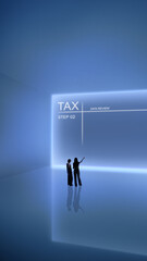 Obraz premium Futuristic artwork tax review screen with business team analyzing information. Concept of data validation, financial control, corporate reporting, and focused teamwork.