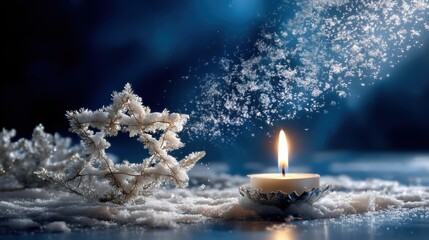A serene winter scene depicts a menorah candle's gentle glow against the backdrop of a star of David formed by falling snow, set against a deep blue night sky. 