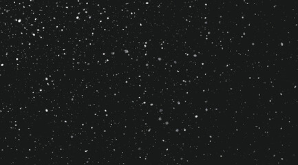 Abstract black background with floating white dust particles and tiny dots, space-like grain texture vector illustration for night sky, snowfall effect, cosmic backdrop, overlay, motion graphics and m