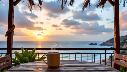 Obraz premium Sunrise Serenity Over Ocean From Cozy Seaside