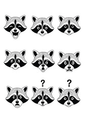 Obraz premium Set of nine raccoon face illustrations showing various emotional expressions from happy and surprised to sad and confused.