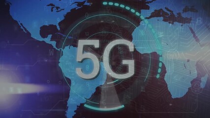 Animation of 5g text, data processing and map of world - Powered by Adobe