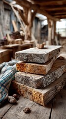 Rough pine boards stacked in a traditional carpenter's workshop, amidst tools and wooden planks, awaiting use for various woodworking projects. 