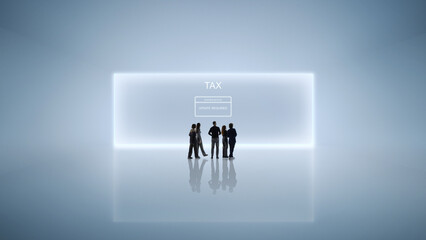 Modern composition business group reviewing system notice for tax update requirement. Concept of corporate compliance, regulatory change, financial updates, and collective responsibility.