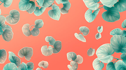 Teal eucalyptus leaves scatter across a vibrant coral background, creating a fresh, modern botanical pattern with a bold color contrast and organic, floating arrangement.