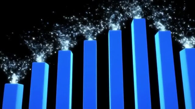 Abstract blue bar graph with sparkling light effects on a dark background.