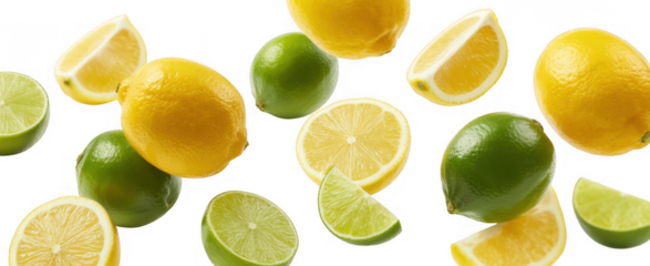 Lemons and Limes Floating fruit isolated on a transparent background