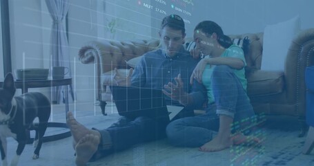 Animation of stock market data processing over caucasian couple using laptop together at home - Powered by Adobe