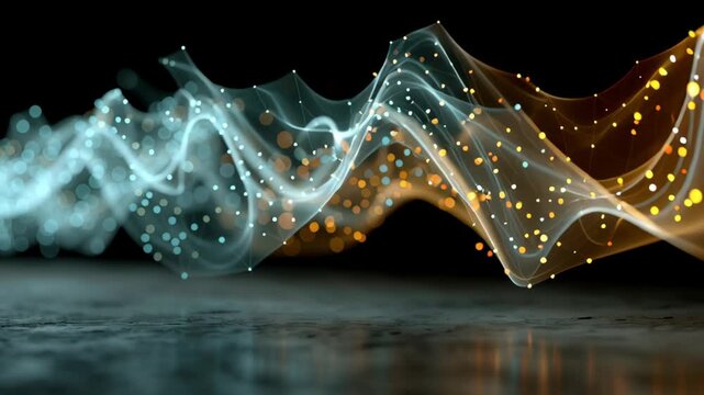 Abstract digital art showcasing a dynamic waveform composed of interconnected glowing particles in blue and orange hues. captures the essence of technology and innovation, ideal for modern design, tec
