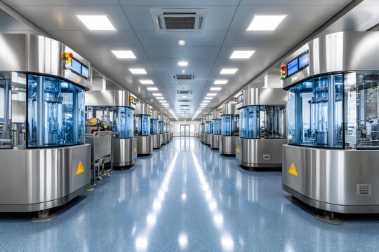 Automated pharmaceutical manufacturing machines filling sterile vials in cleanroom
