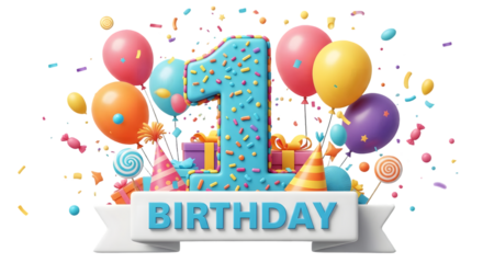 Happy birthday celebration with colorful balloons and cake isolated on transparent background