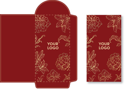 Elegant Red Envelope with Yellow Apricot Blossoms and Bronze Drum Patterns, Spring Festival Concept.