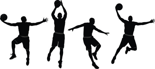 Vector collection of black basketball player silhouettes in action poses including jumping, shooting, and dunking isolated on white background. © its