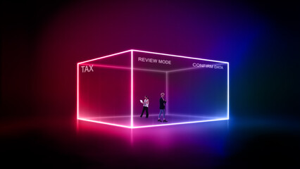 Fototapeta premium Futuristic composition. Two people inside glowing tax review cube. Concept of data verification, audit process, secure digital systems, modern financial control environment.