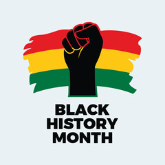 Black History Month poster with clenched fist vector illustration. Black hand raised fist and Pan-African grunge flag icon. Template for background, banner, card. Important day