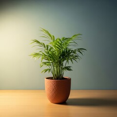 Fototapeta premium A vibrant green houseplant in a terracotta pot sitting on a wooden desk, symbolizing growth and fresh indoor air quality, leaf, organic, thriving