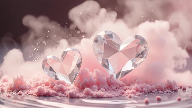Beautiful Heart-Shaped Diamonds on Pink Cloud Background