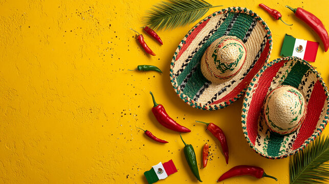 Overhead view of Mexican fiesta elements on vibrant yellow background