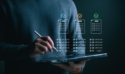 Business professional using tablet and stylus with digital checklist interface, showing task completion, approval process, quality control, workflow management, and online form submission.