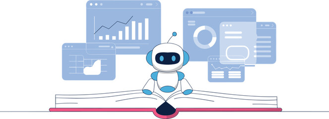 AI Robot Analyzing Data Windows While Sitting on an Open Book, Concept of Machine Learning Research, Digital Education, Automated Analytics, and Knowledge Transformation Vector Illustration