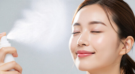 Beautiful Asian woman enjoying a refreshing facial mist spray with eyes closed and a gentle smile, promoting skincare and hydration.