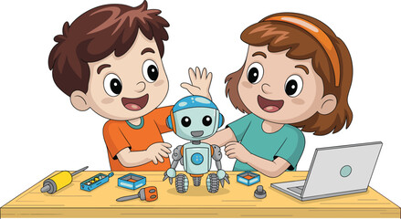 Children Building a Robot with Laptop and Tools on a White Background, Concept of STEM Education, Robotics Engineering for Kids, Collaborative Learning, and Early Innovation Vector Illustration © Shilpi