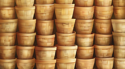 Stacked rows of uniform wooden bowls create a warm, rhythmic pattern, their smooth grain and rounded forms showcasing natural material and minimalist craftsmanship.