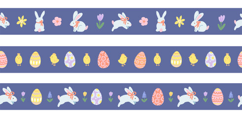 Easter seamless border with bunnies, eggs and chicks on dark background. Pastel spring holiday decorative pattern strip.