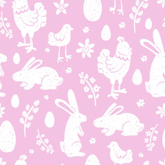 Easter seamless pattern with rabbits, chickens, chicks, eggs and flowers on pink background. Spring holiday naive illustration texture