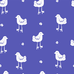 Spring seamless pattern with chicks in hand drawn folk art style on blue background. Naive art spring bird illustration texture.