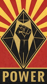 Black power movement symbol with raised fist and sunburst