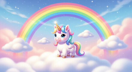 A cute cartoon unicorn with a rainbow 