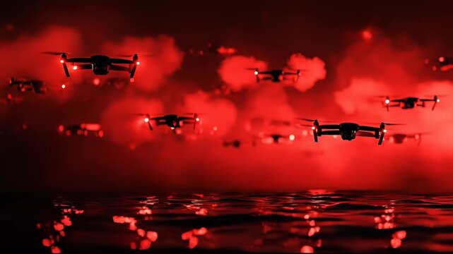 Futuristic drone swarm with red lights flying in formation over water at night.