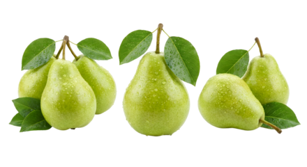 Luscious Green Pears with Fresh Leaves and Dew Droplets, showcasing healthy organic produce for vibrant culinary themes, beautifully isolated on transparent background.
