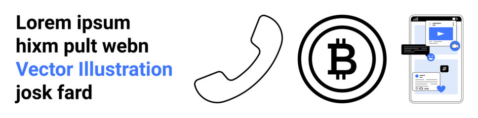 Obraz premium Cryptocurrency, digital payments, mobile communication, financial technology, online transactions, cyber security. Bitcoin logo, phone receiver mobile interface screen. Cryptocurrency and digital